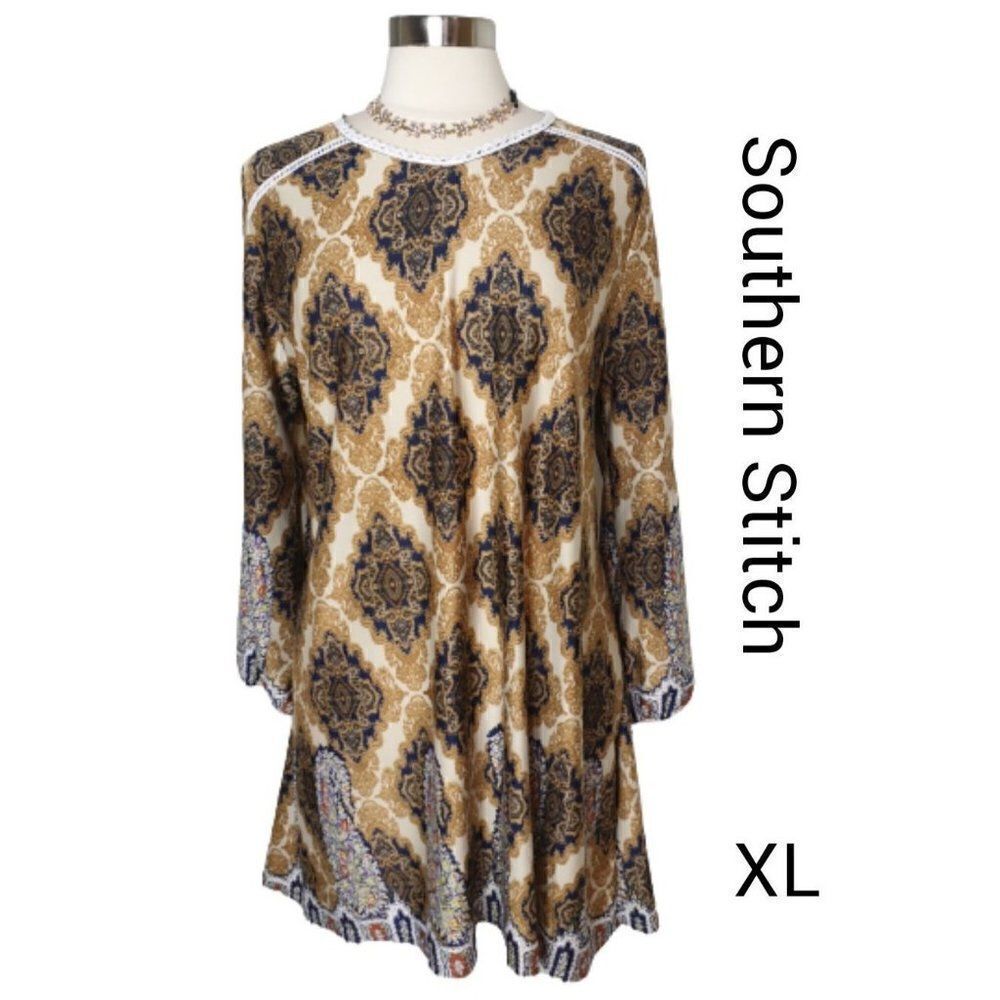 Women's Tunic XL Golden Medallion Crochet O-Ring Back Long Sleeves Top XL NWOT